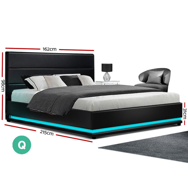 Artiss Lumi LED Bed Frame PU Leather Gas Lift Storage - Black Queen Artiss