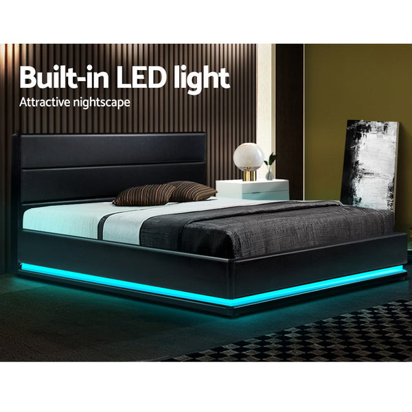 Artiss Lumi LED Bed Frame PU Leather Gas Lift Storage - Black Queen Artiss
