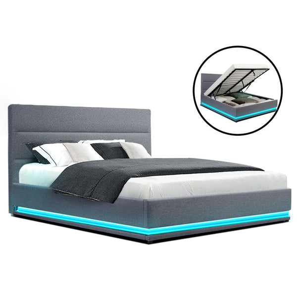 Artiss RGB LED Bed Frame Queen Size Gas Lift Base With Storage Grey Fabric LUMI Artiss