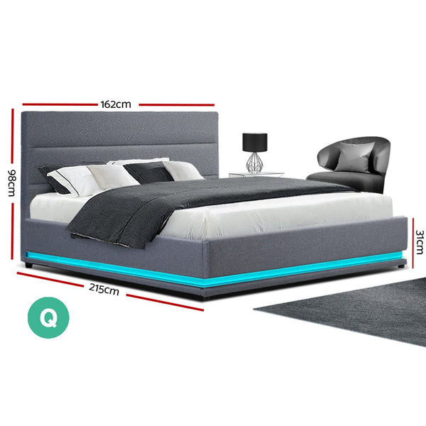 Artiss RGB LED Bed Frame Queen Size Gas Lift Base With Storage Grey Fabric LUMI Artiss