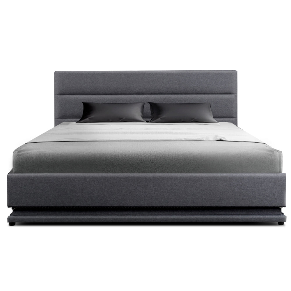Artiss RGB LED Bed Frame Queen Size Gas Lift Base With Storage Grey Fabric LUMI Artiss