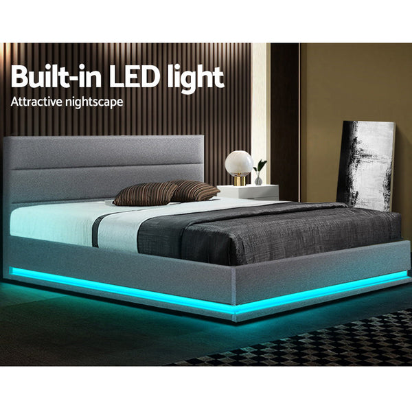 Artiss RGB LED Bed Frame Queen Size Gas Lift Base With Storage Grey Fabric LUMI Artiss