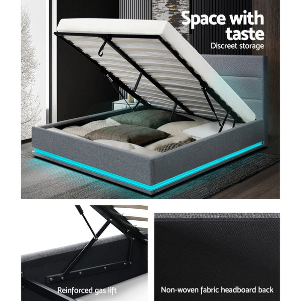 Artiss RGB LED Bed Frame Queen Size Gas Lift Base With Storage Grey Fabric LUMI Artiss