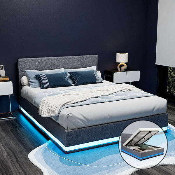 Artiss RGB LED Bed Frame Queen Size Gas Lift Base With Storage Grey Fabric LUMI Artiss