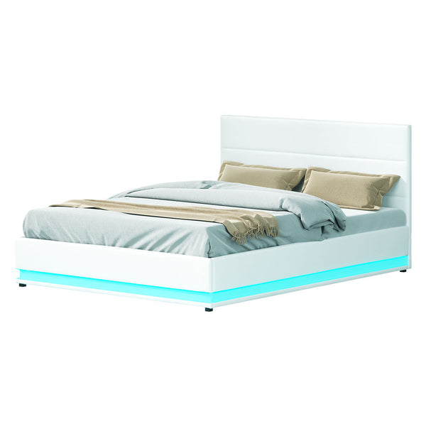 Artiss Lumi LED Bed Frame PU Leather Gas Lift Storage - White Queen Artiss