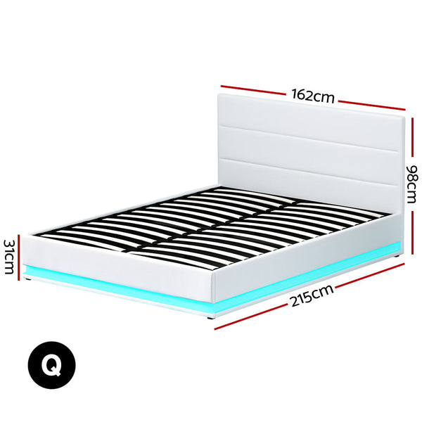Artiss Lumi LED Bed Frame PU Leather Gas Lift Storage - White Queen Artiss