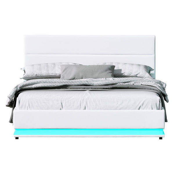 Artiss Lumi LED Bed Frame PU Leather Gas Lift Storage - White Queen Artiss