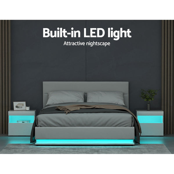 Artiss Lumi LED Bed Frame PU Leather Gas Lift Storage - White Queen Artiss