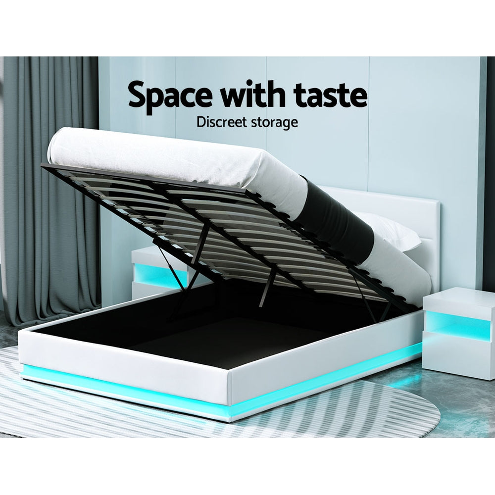 Artiss Lumi LED Bed Frame PU Leather Gas Lift Storage - White Queen Artiss