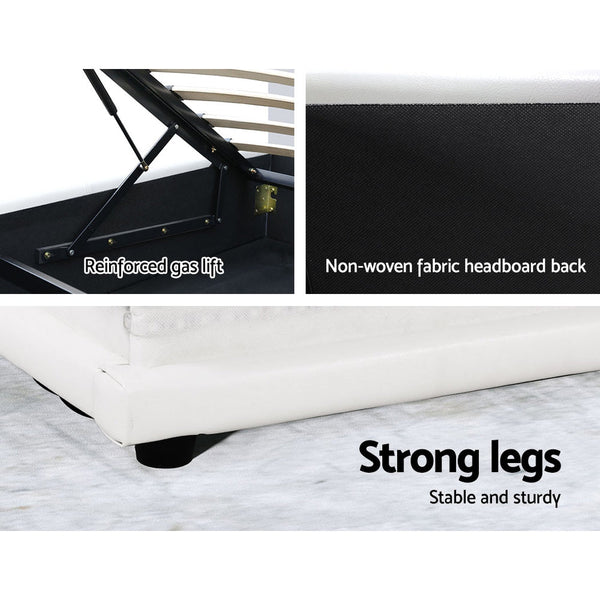 Artiss Lumi LED Bed Frame PU Leather Gas Lift Storage - White Queen Artiss