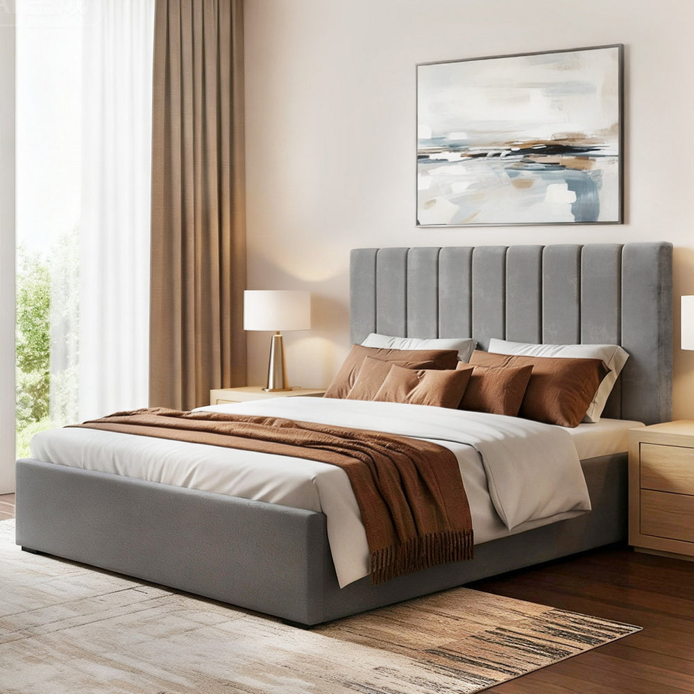 Artiss Double Bed Frame with Storage Grey Velvet Headboard Gas Lift Platform Base Awezingly