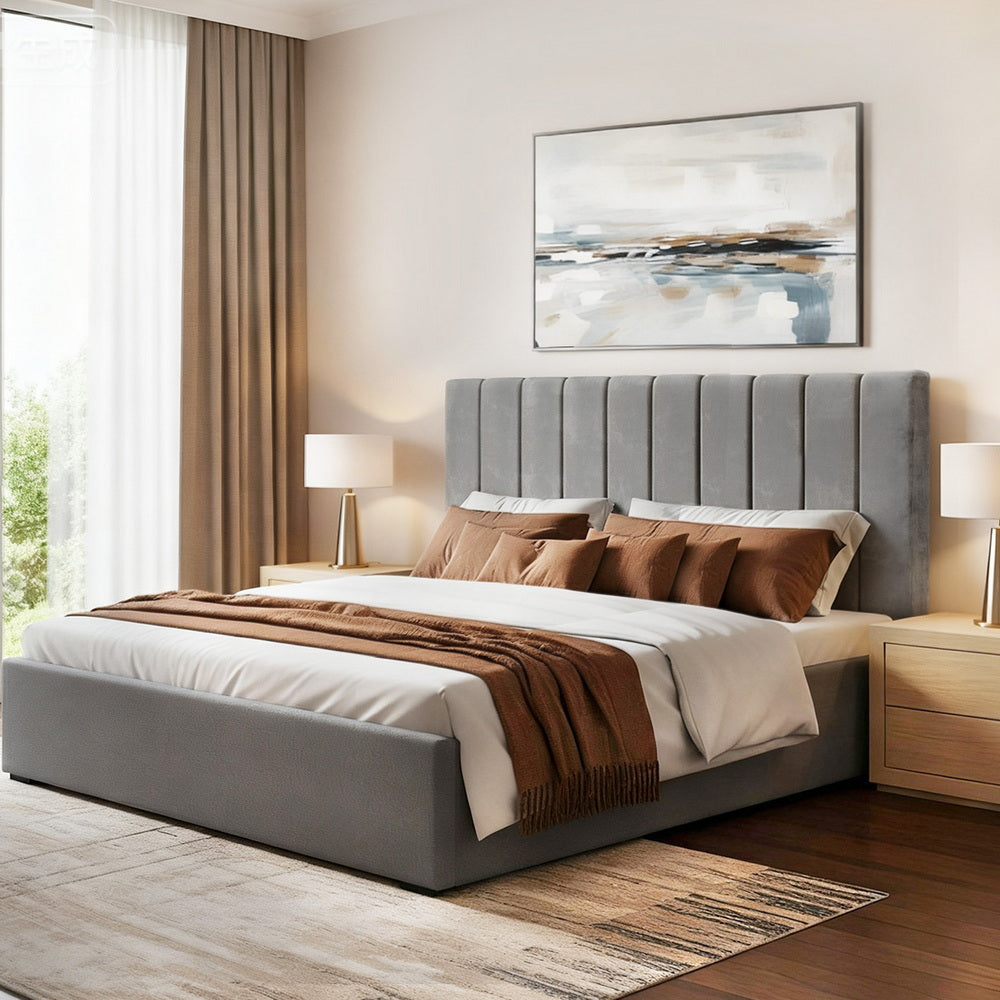 Artiss King Bed Frame with Storage Grey Velvet Headboard Gas Lift Platform Base Awezingly