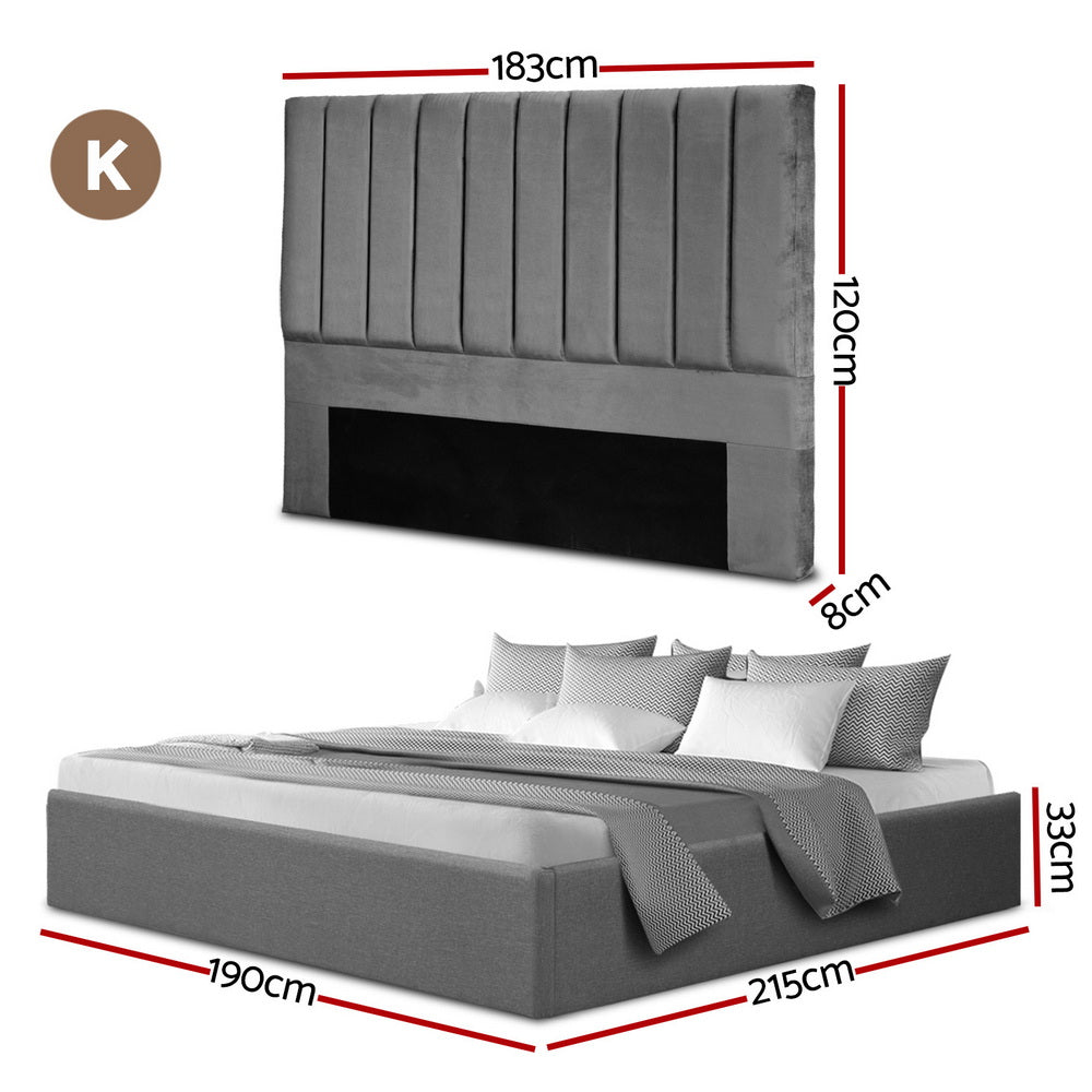 Artiss King Bed Frame with Storage Grey Velvet Headboard Gas Lift Platform Base Awezingly