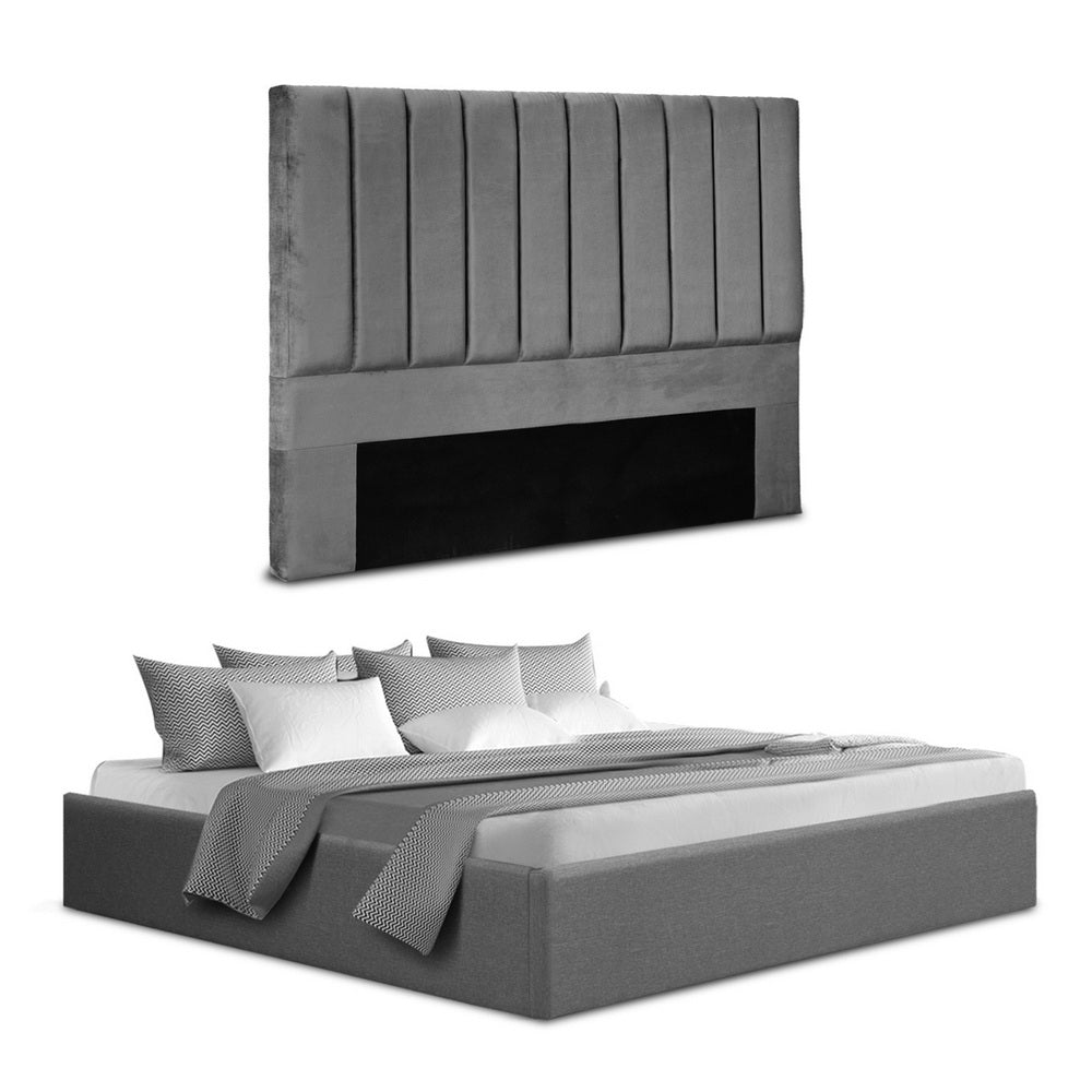 Artiss King Bed Frame with Storage Grey Velvet Headboard Gas Lift Platform Base Awezingly