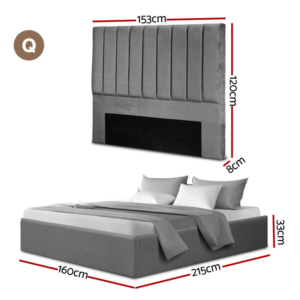 Artiss Queen Bed Frame with Storage Grey Velvet Headboard Gas Lift Platform Base Awezingly
