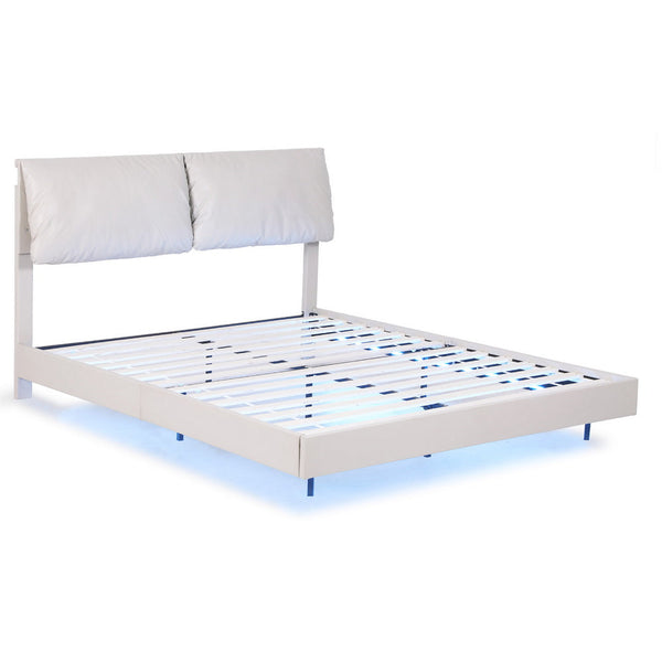 Artiss Double Bed Frame RGB LED Floating Beds Adjustable Headboard Beige White Awezingly