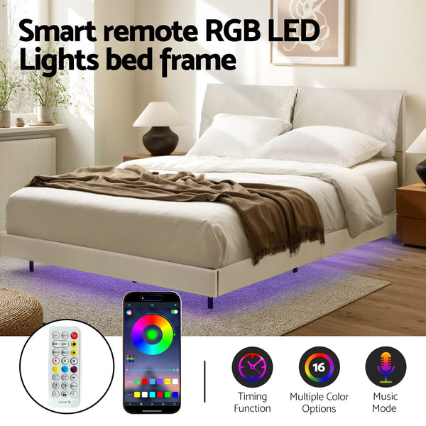 Artiss Double Bed Frame RGB LED Floating Beds Adjustable Headboard Beige White Awezingly