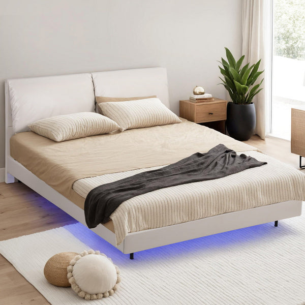Artiss Double Bed Frame RGB LED Floating Beds Adjustable Headboard Beige White Awezingly