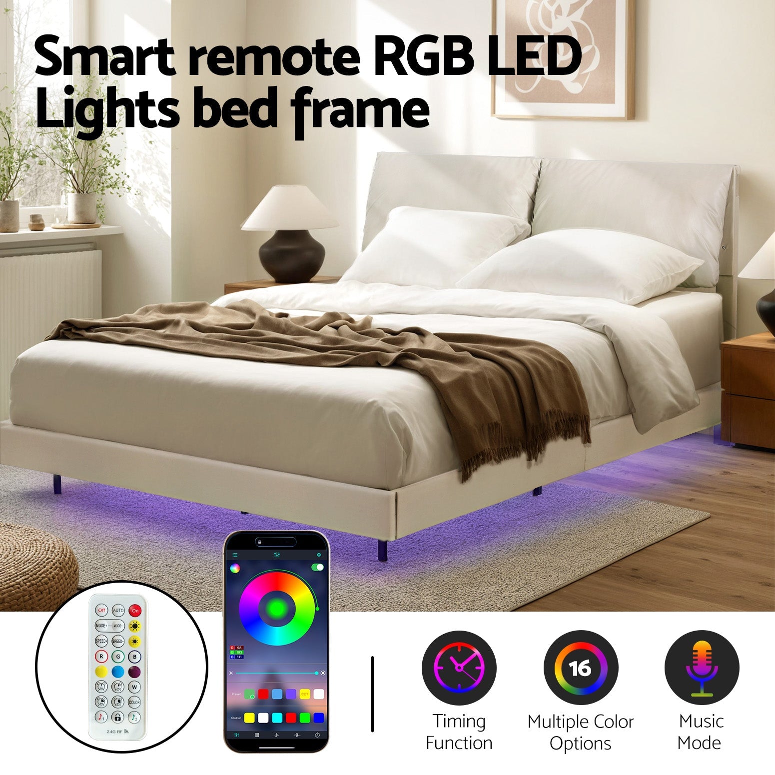 Artiss Queen Bed Frame RGB LED Floating Beds Adjustable Headboard Beige White Awezingly