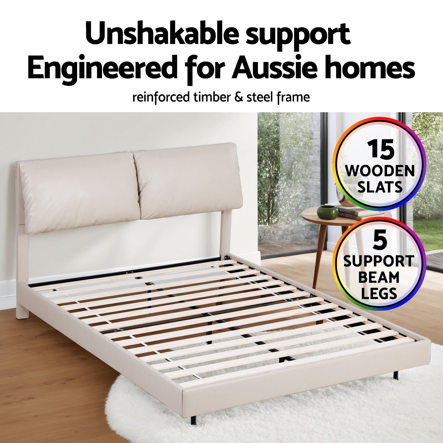 Artiss Queen Bed Frame RGB LED Floating Beds Adjustable Headboard Beige White Awezingly
