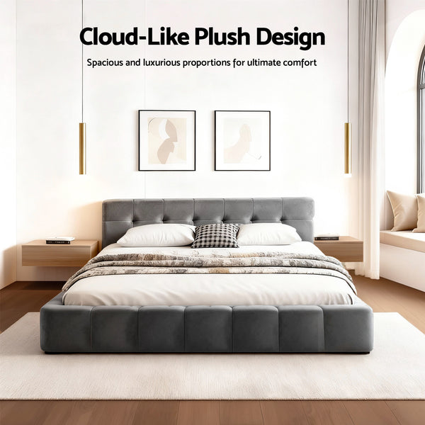 Artiss Double Size Bed Frame Plush Soft Headboard Velvet Platform Base for Modern Bedrooms Grey Awezingly