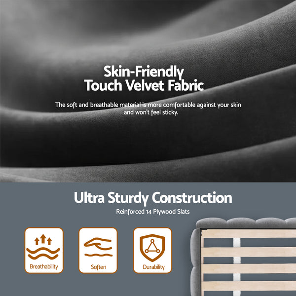 Artiss Double Size Bed Frame Plush Soft Headboard Velvet Platform Base for Modern Bedrooms Grey Awezingly