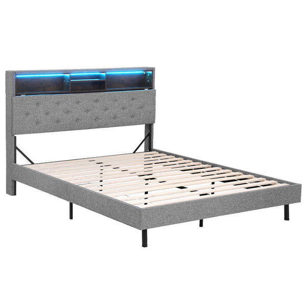 Artiss Bed Frame Double Size LED Mattress Base Platform with Storage Shelf Hidden Storage Box Grey Awezingly