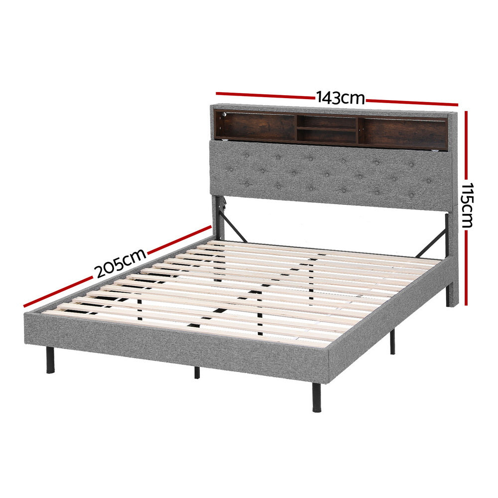 Artiss Bed Frame Double Size LED Mattress Base Platform with Storage Shelf Hidden Storage Box Grey Awezingly