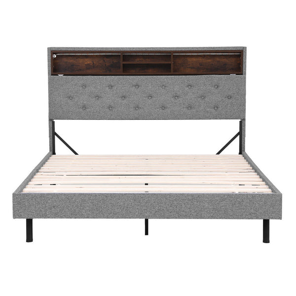 Artiss Bed Frame Double Size LED Mattress Base Platform with Storage Shelf Hidden Storage Box Grey Awezingly
