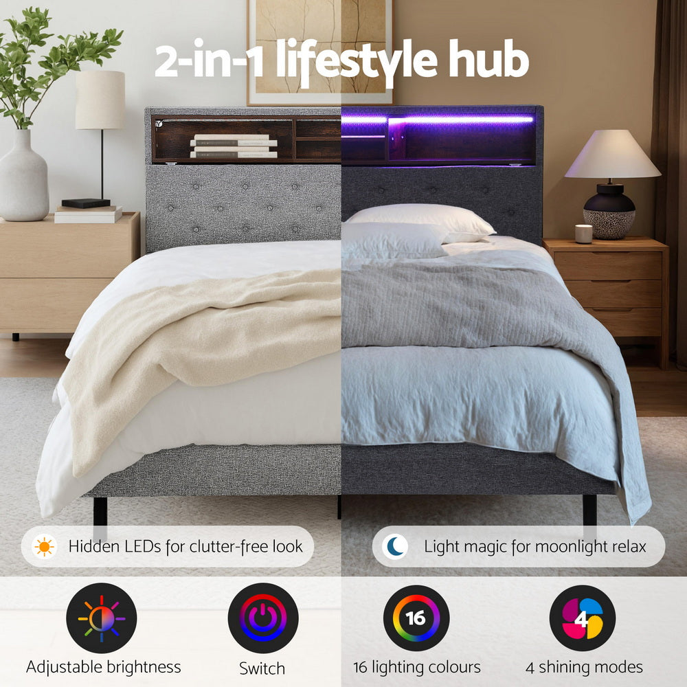 Artiss Bed Frame Double Size LED Mattress Base Platform with Storage Shelf Hidden Storage Box Grey Awezingly
