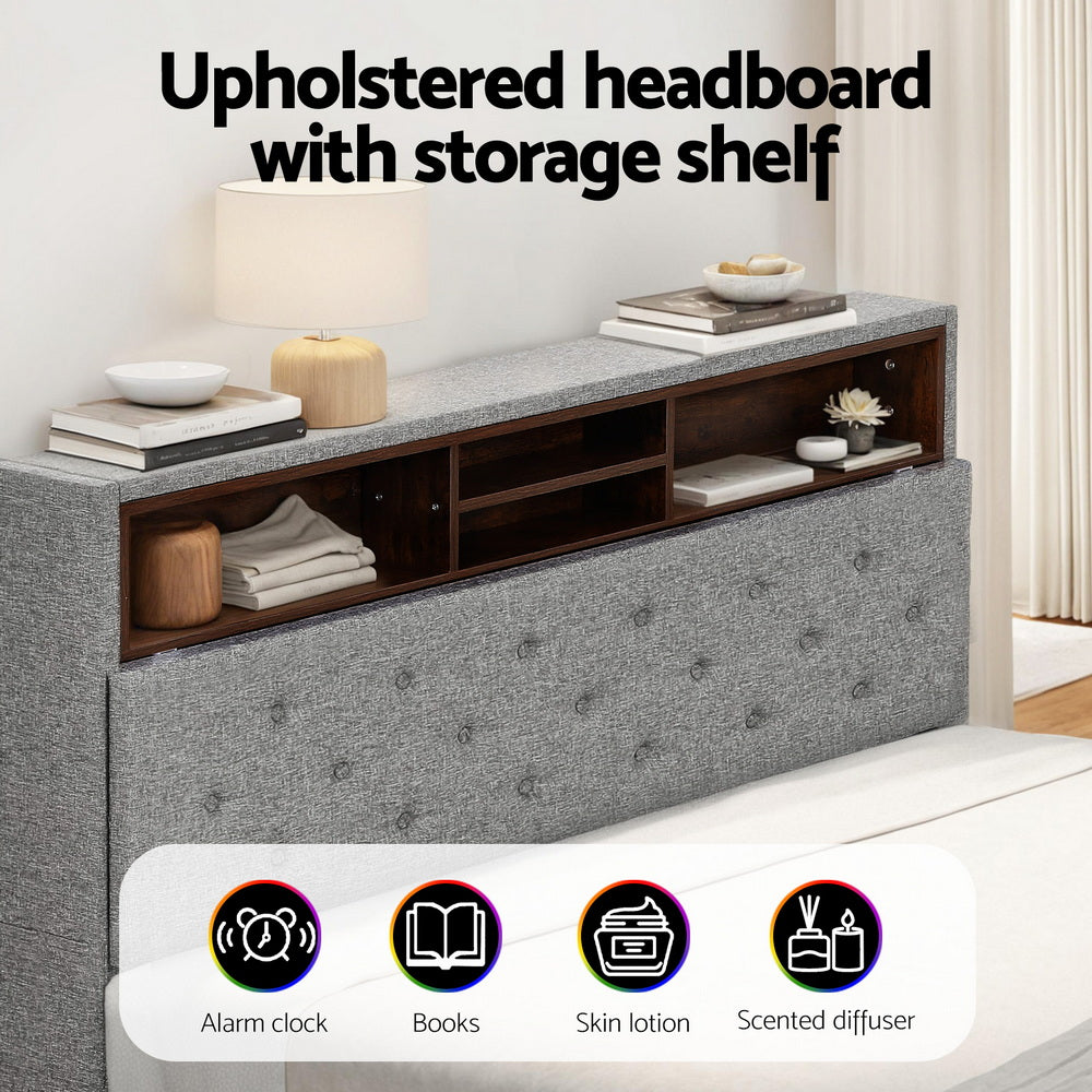 Artiss Bed Frame Double Size LED Mattress Base Platform with Storage Shelf Hidden Storage Box Grey Awezingly