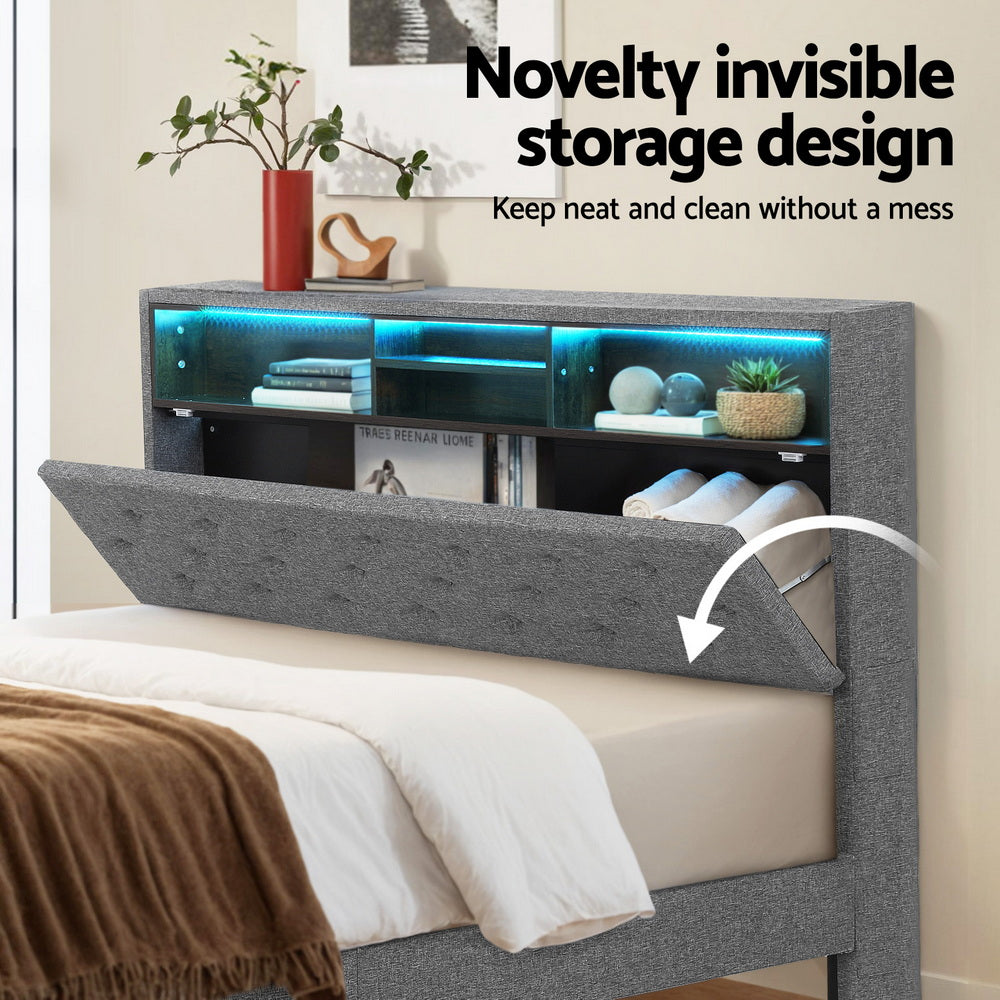 Artiss Bed Frame Double Size LED Mattress Base Platform with Storage Shelf Hidden Storage Box Grey Awezingly