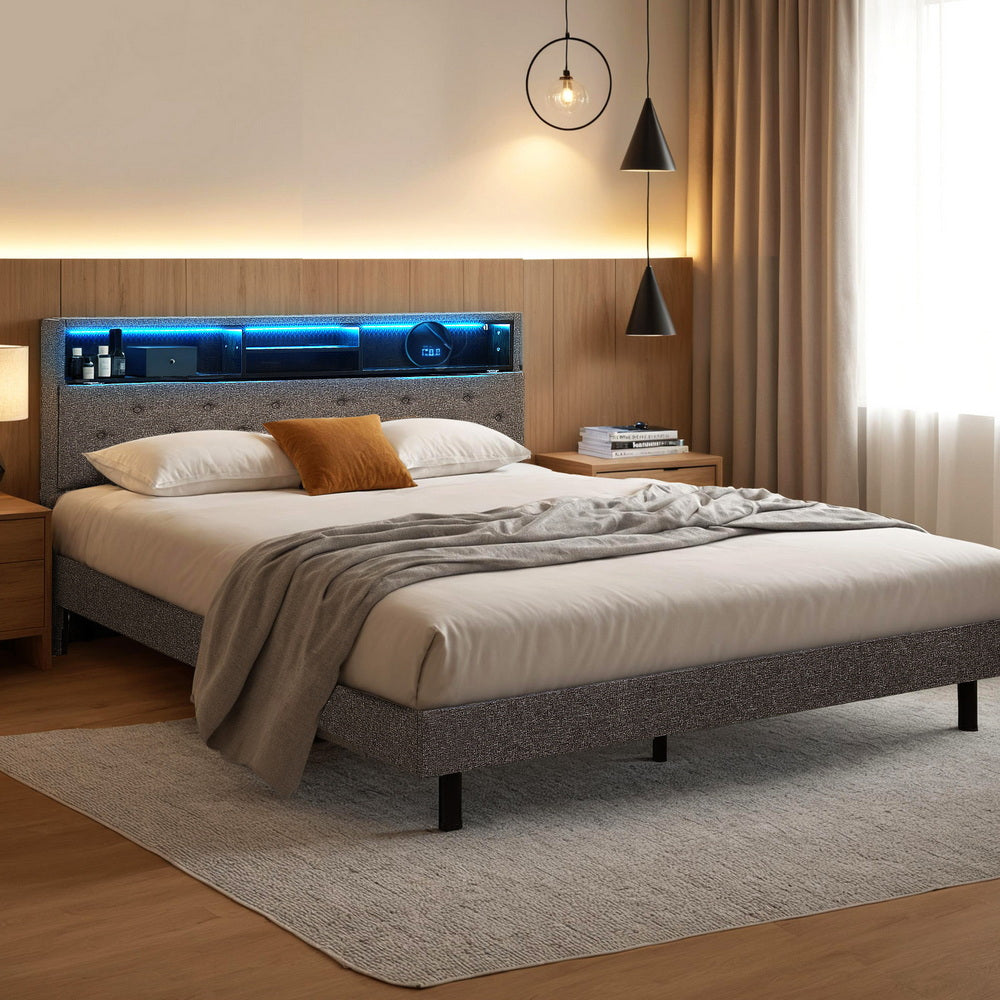 Artiss Bed Frame Double Size LED Mattress Base Platform with Storage Shelf Hidden Storage Box Grey Awezingly