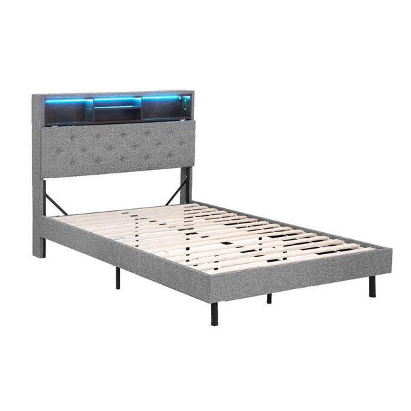Artiss Bed Frame King Single Size LED Mattress Base Platform with Storage Shelf Hidden Storage Box Grey Awezingly