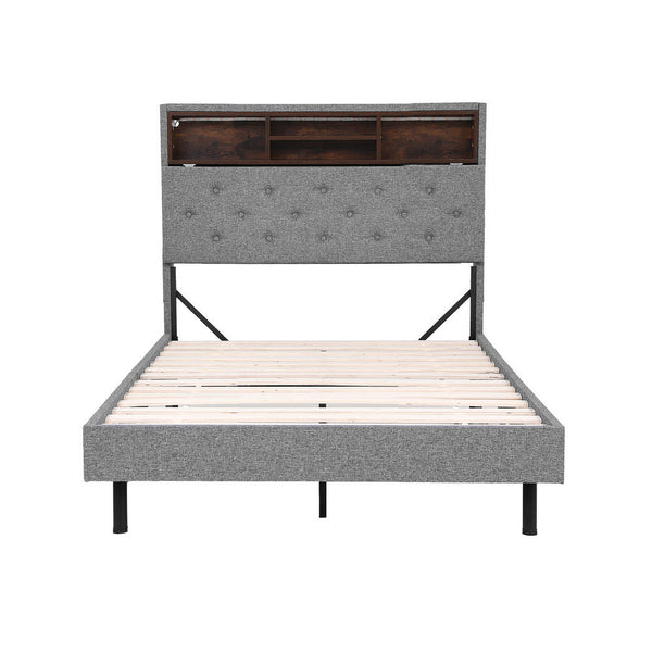 Artiss Bed Frame King Single Size LED Mattress Base Platform with Storage Shelf Hidden Storage Box Grey Awezingly