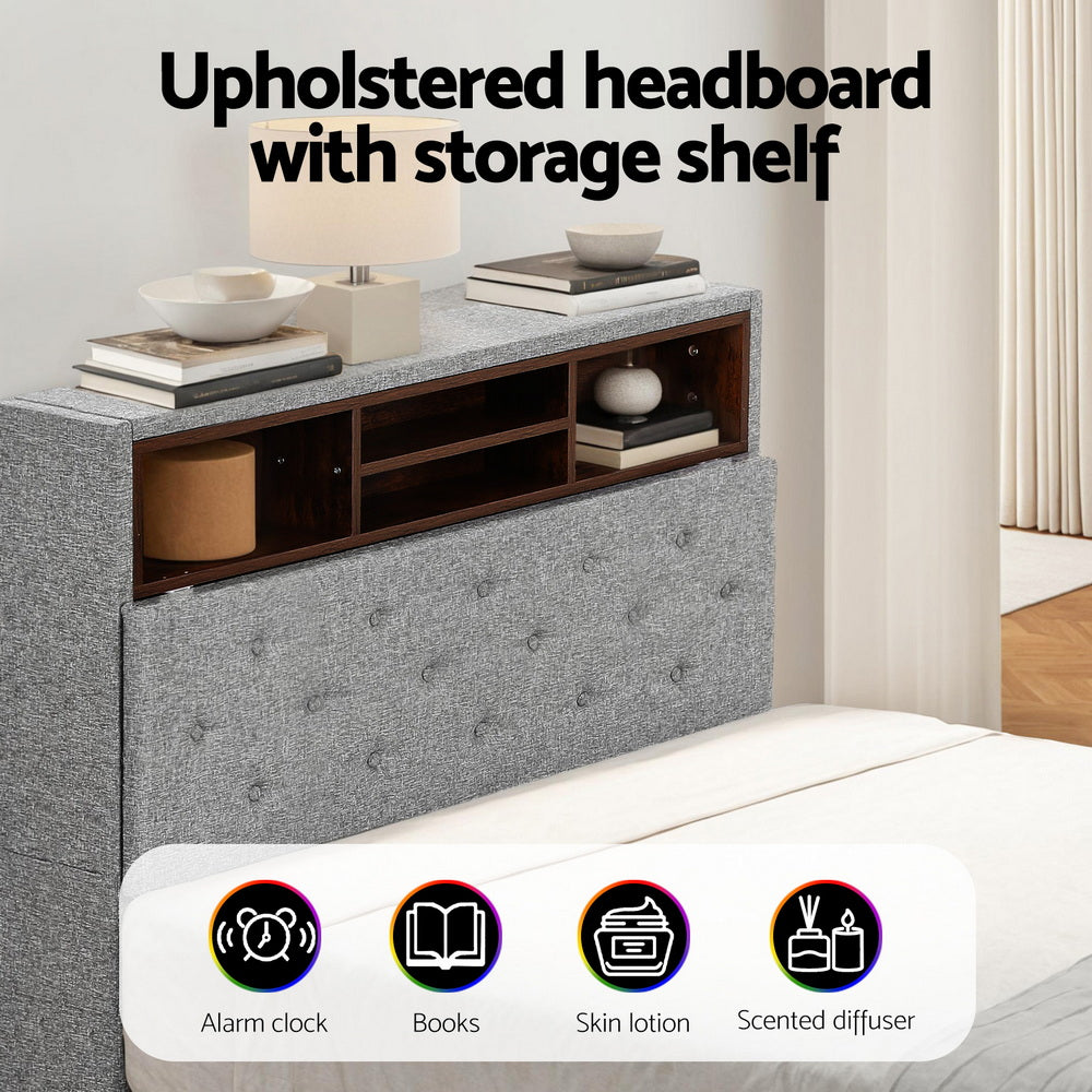 Artiss Bed Frame King Single Size LED Mattress Base Platform with Storage Shelf Hidden Storage Box Grey Awezingly