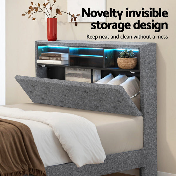 Artiss Bed Frame King Single Size LED Mattress Base Platform with Storage Shelf Hidden Storage Box Grey Awezingly