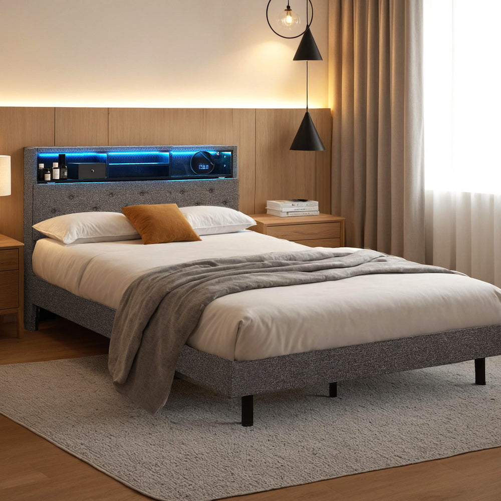 Artiss Bed Frame King Single Size LED Mattress Base Platform with Storage Shelf Hidden Storage Box Grey Awezingly