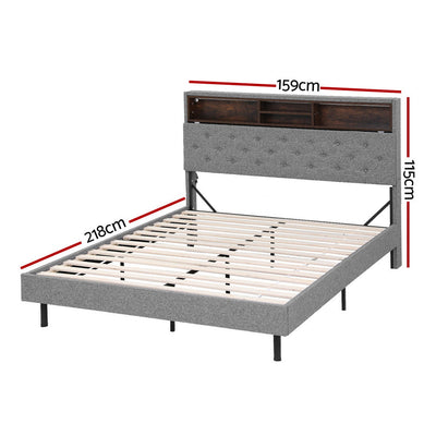 Artiss Bed Frame Queen Size LED Mattress Base Platform with Storage Shelf Hidden Storage Box Grey