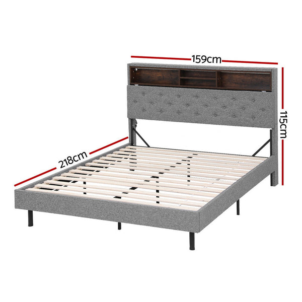 Artiss Bed Frame Queen Size LED Mattress Base Platform with Storage Shelf Hidden Storage Box Grey Awezingly