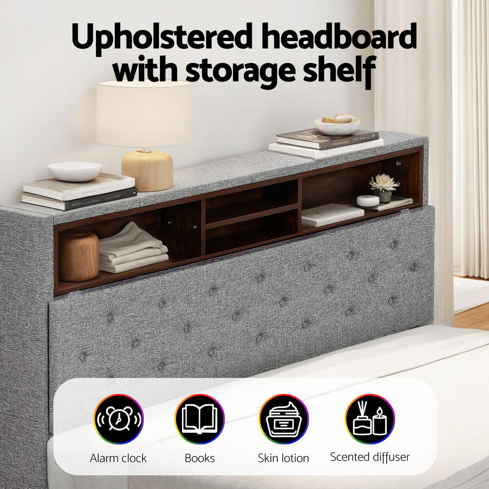 Artiss Bed Frame Queen Size LED Mattress Base Platform with Storage Shelf Hidden Storage Box Grey Awezingly