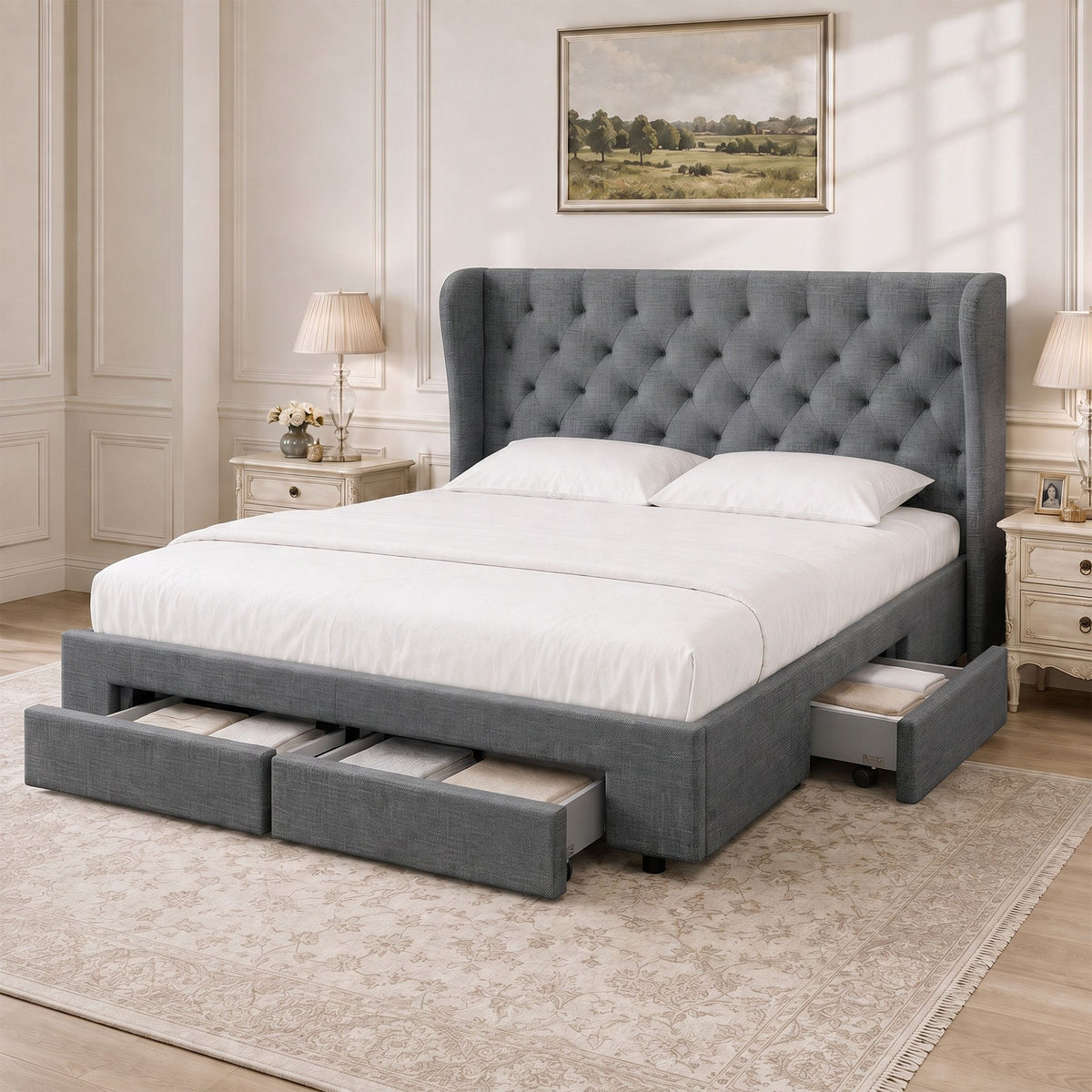 Artiss Mila Bed Frame Storage Drawers Fabric - Charcoal King Artiss