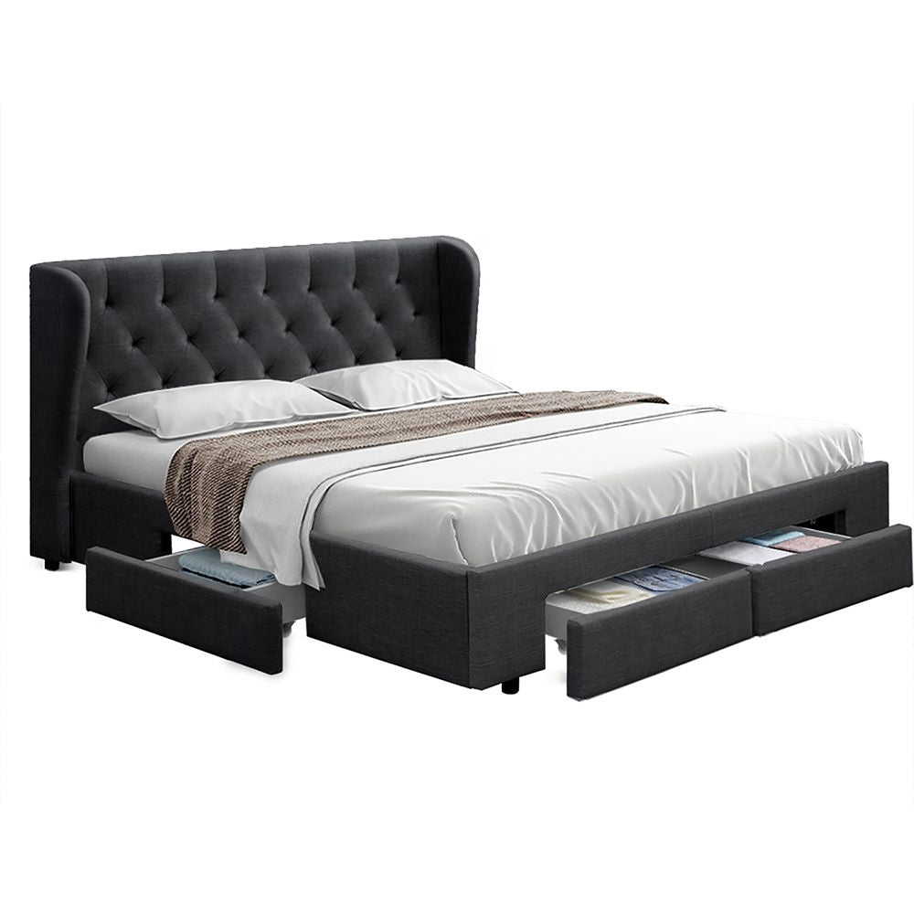 Artiss Mila Bed Frame Storage Drawers Fabric - Charcoal King Artiss