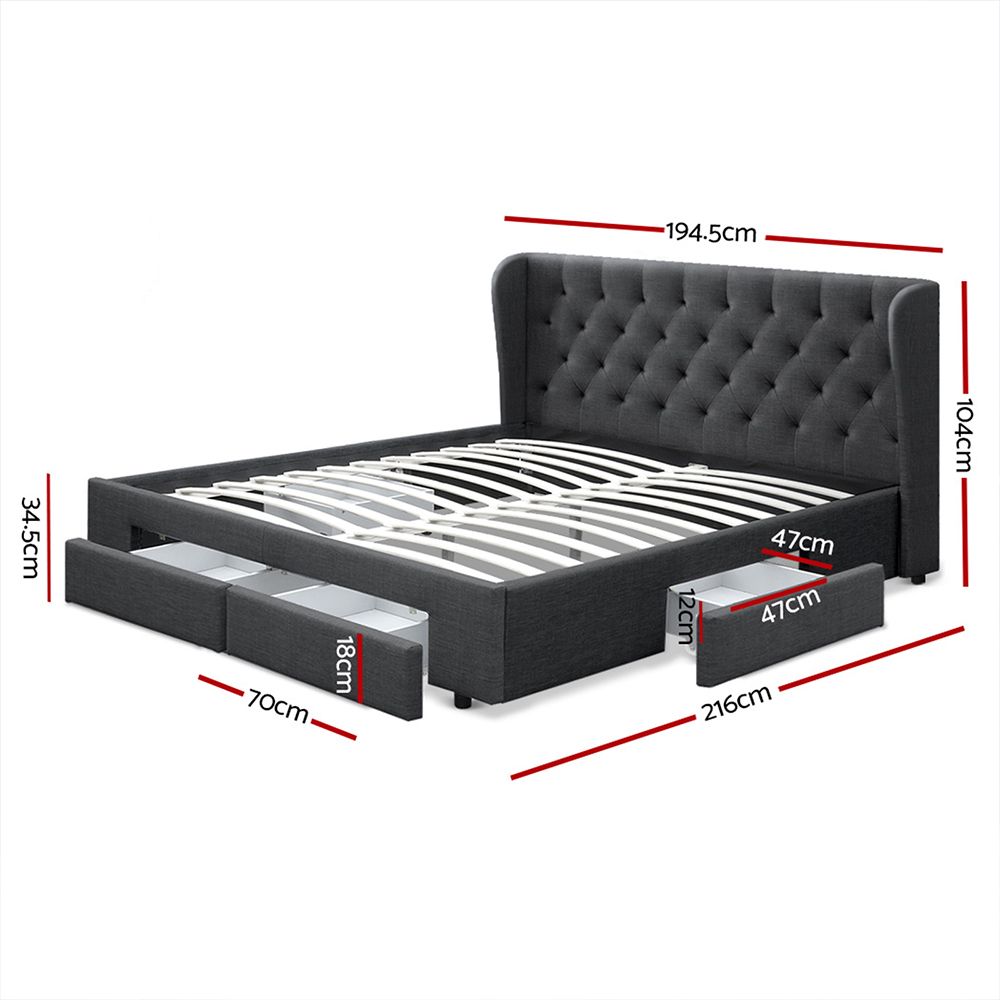 Artiss Mila Bed Frame Storage Drawers Fabric - Charcoal King Artiss