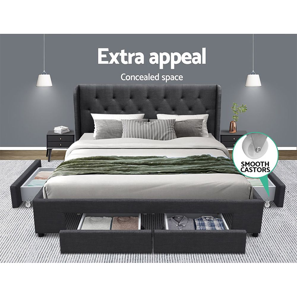 Artiss Mila Bed Frame Storage Drawers Fabric - Charcoal King Artiss