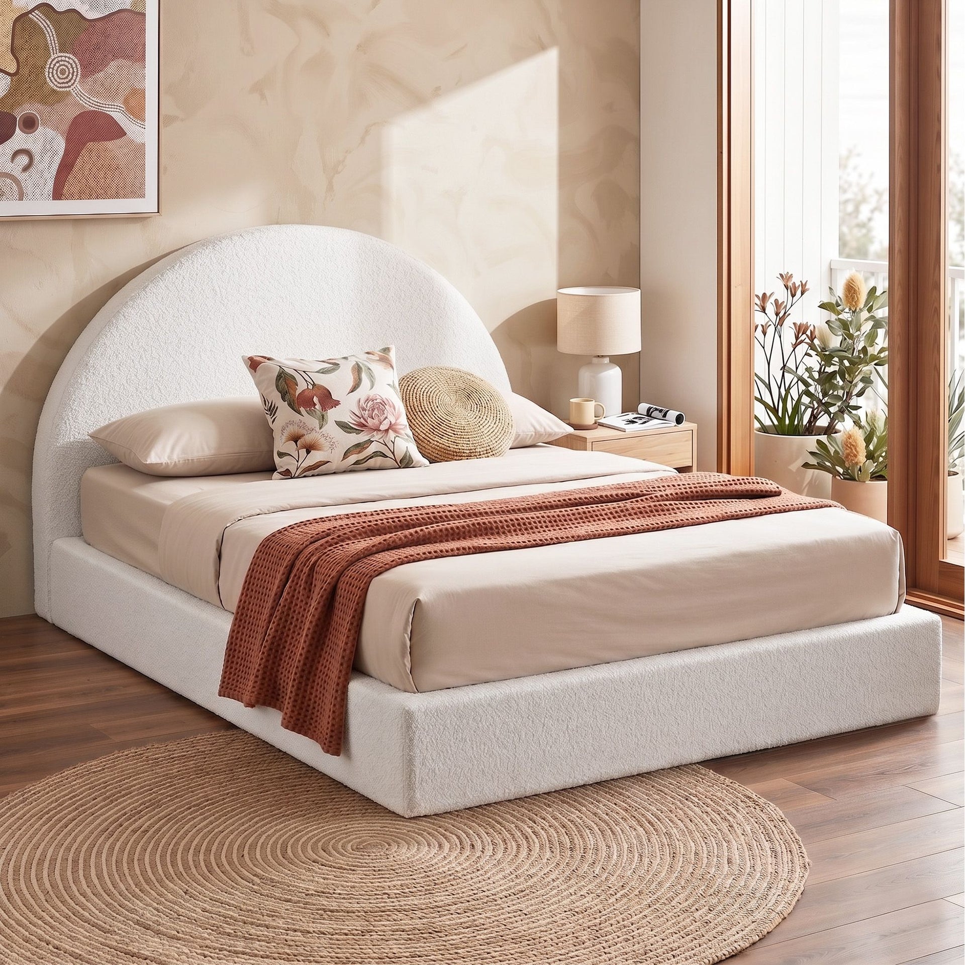 Artiss Queen Bed Frame Boucle Fabric Vacuum Compressed Beds Removable Washable Cover No-Assembly Awezingly