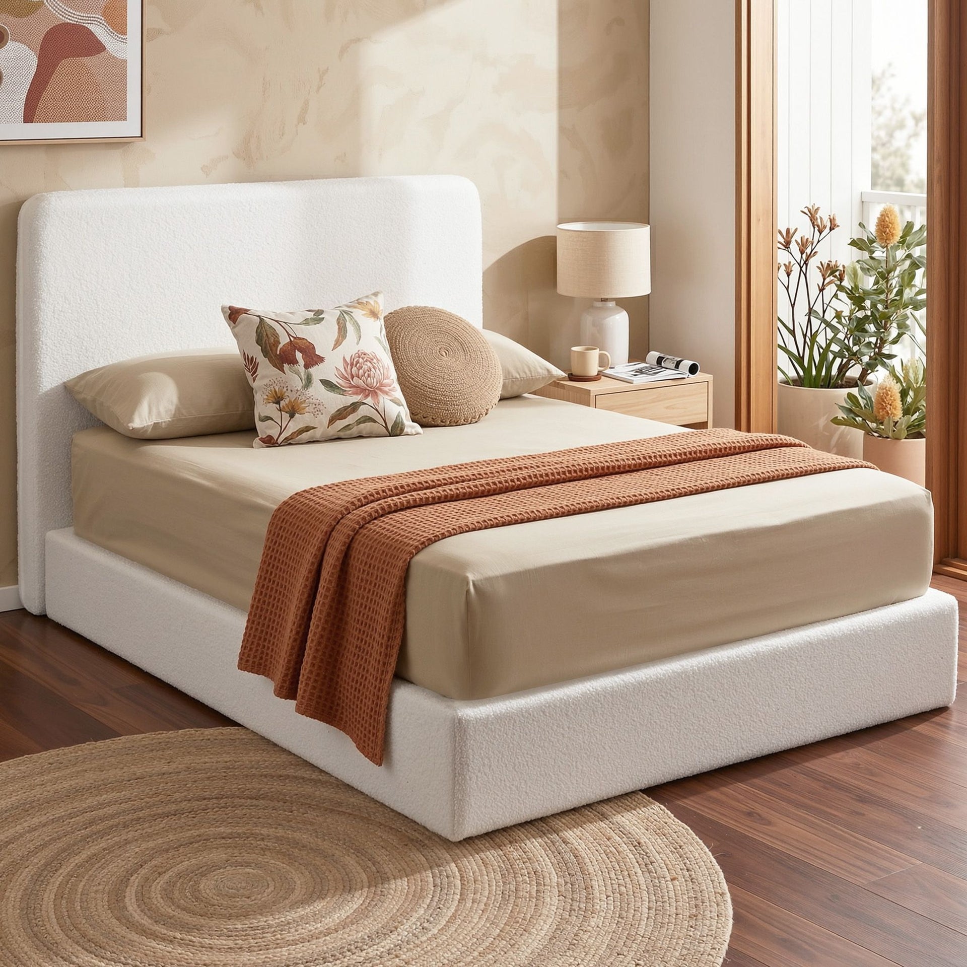 Artiss Double Bed Frame Boucle Fabric Vacuum Compressed Beds Removable Washable Cover Awezingly
