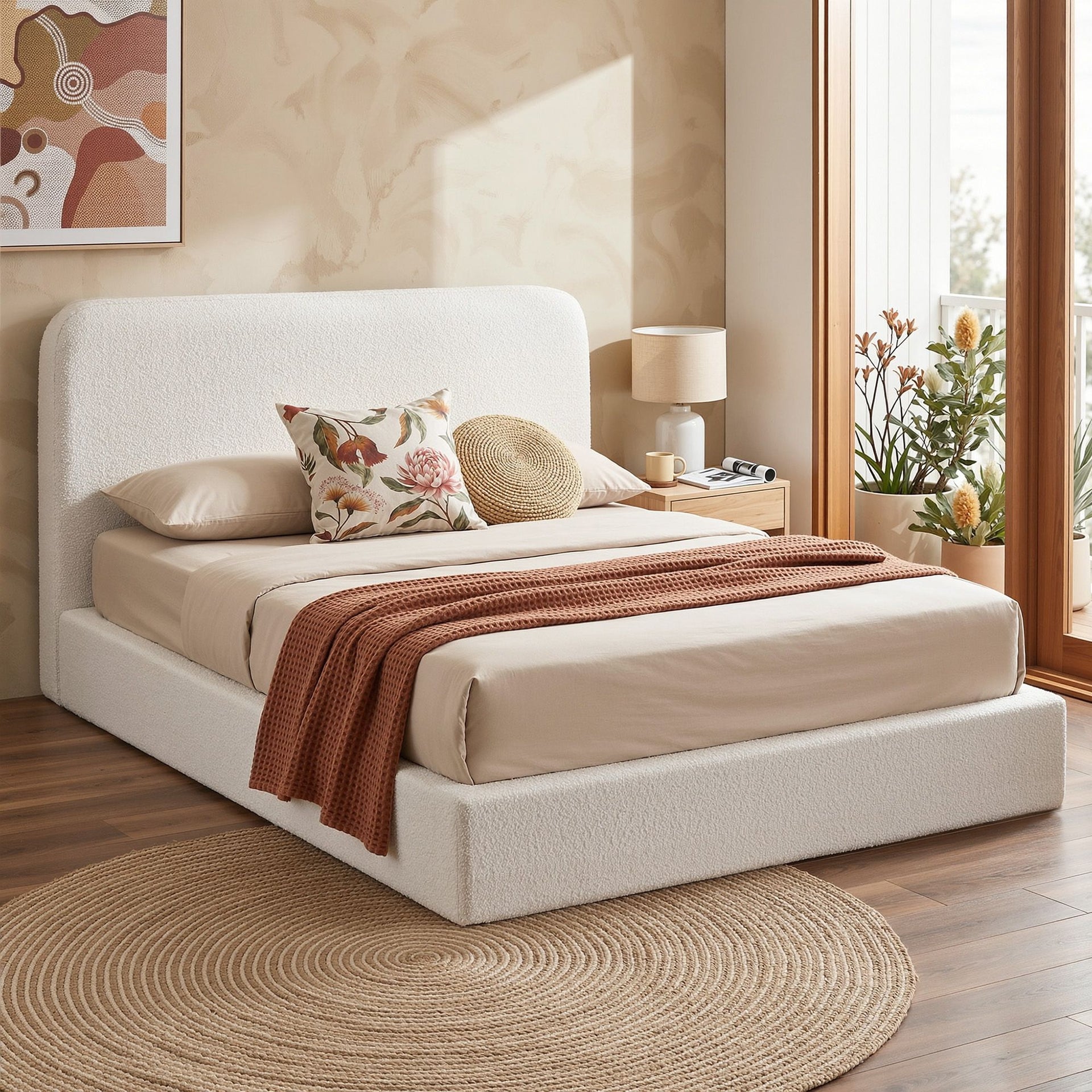 Artiss Queen Bed Frame Boucle Fabric Vacuum Compressed Beds Washable Cover No-Assembly Awezingly