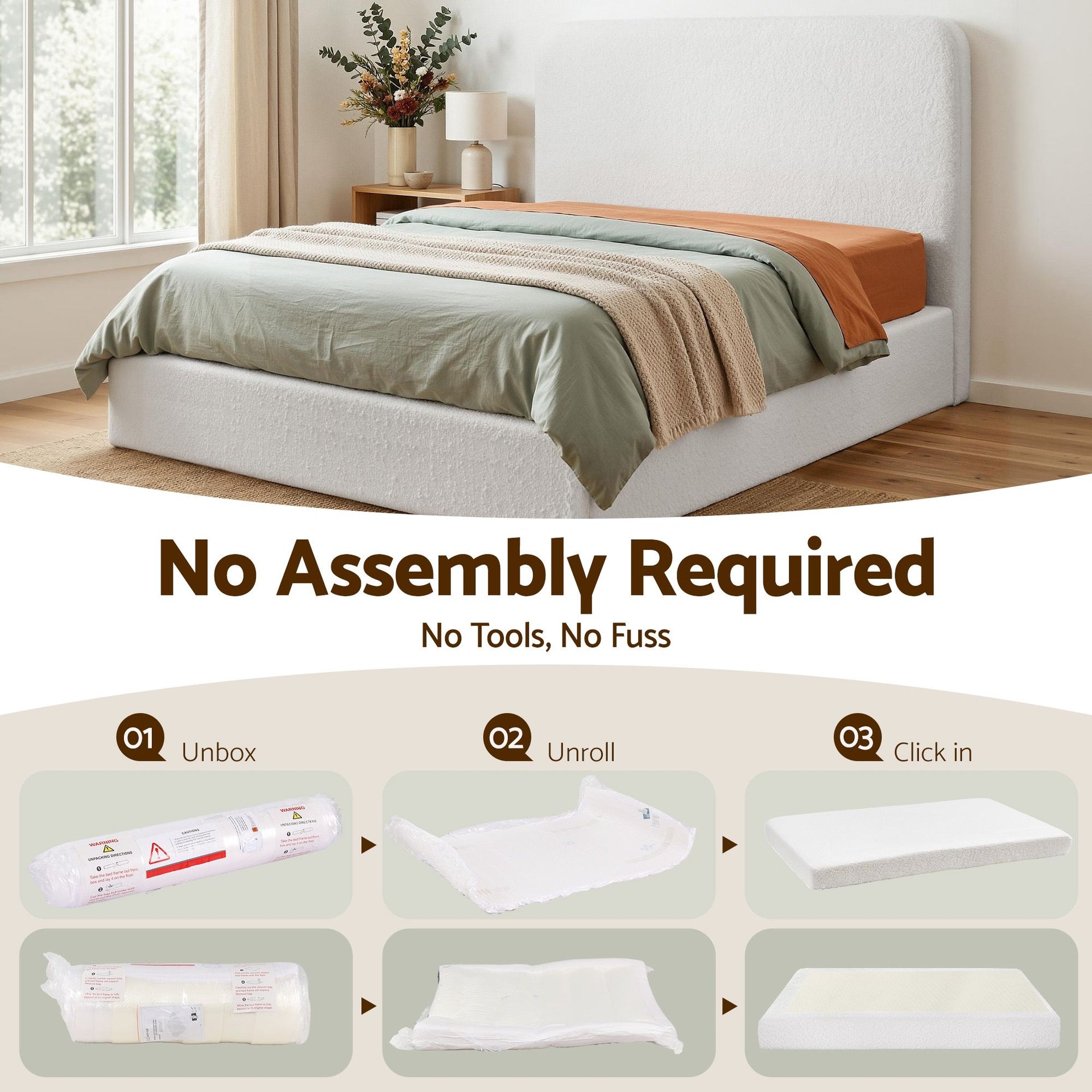 Artiss Queen Bed Frame Boucle Fabric Vacuum Compressed Beds Washable Cover No-Assembly Awezingly