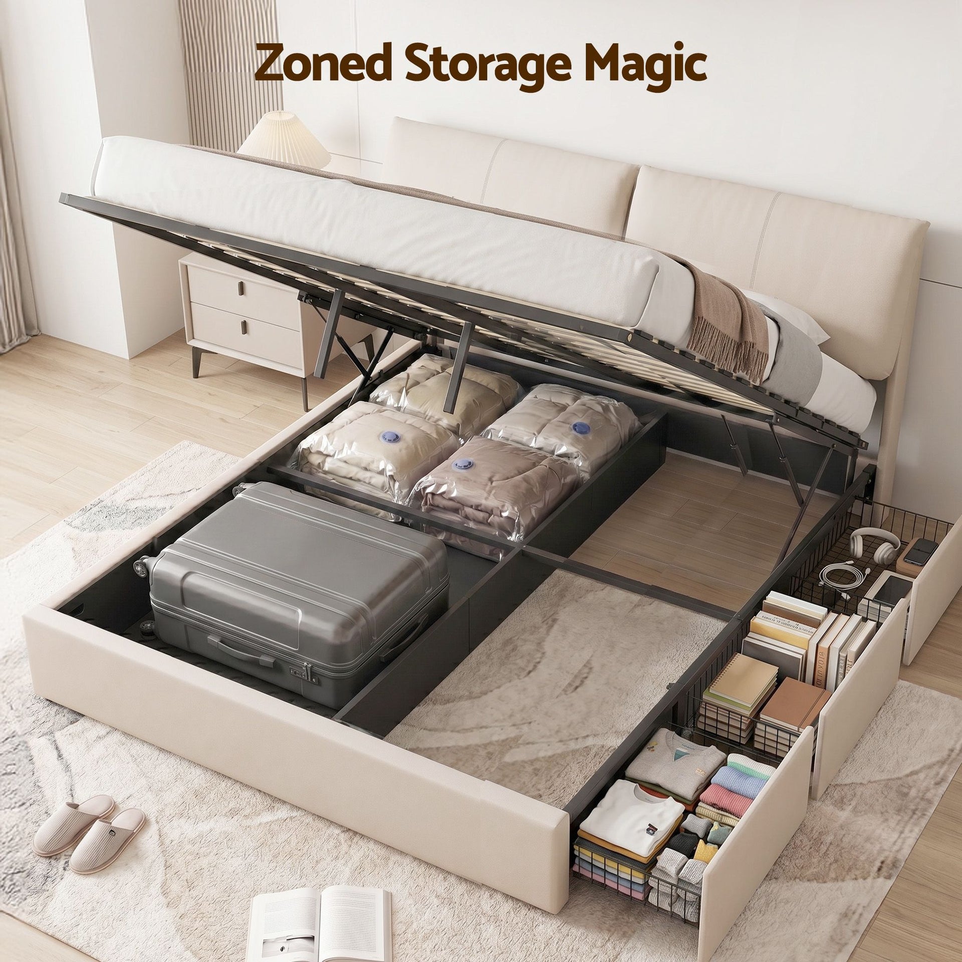 Artiss King Bed Frame Gas Lift Storage 3 Drawers Adjustable Headboard Platform Base Artiss